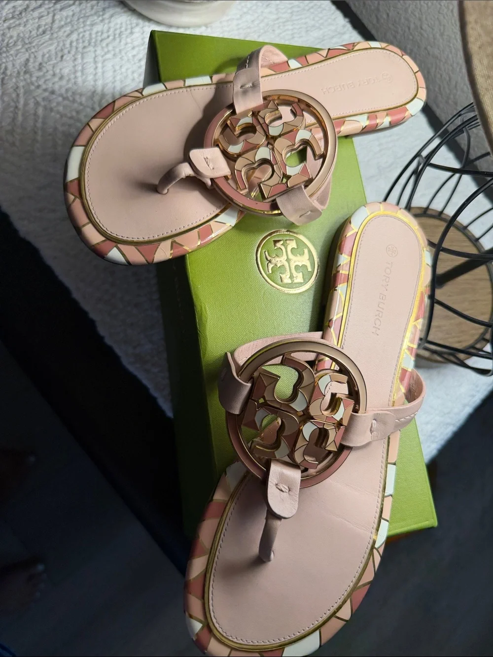 Tory Burch Blush Pink Miller Logo Thong Sandals with Patterned Trim
